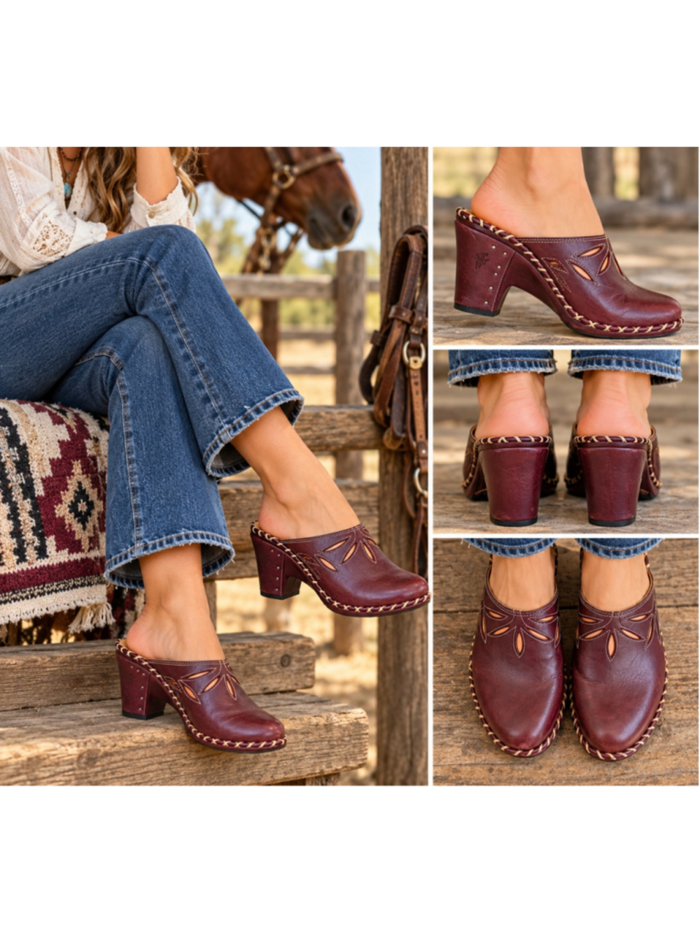 Vintage Frye Burgundy Leather Floral Cutout Whipstitch Mule Clogs Western Sz 8.5